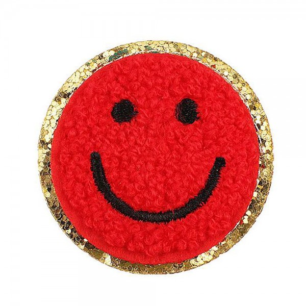 Chenille Smile Patch With Glitter Edge 

- Approximately 2.25"D
- Iron-on or Sew-On Application 

