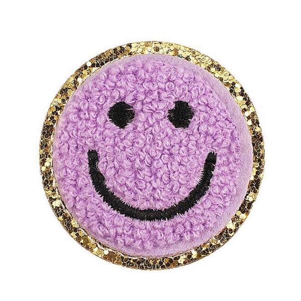 Chenille Smile Patch With Glitter Edge 

- Approximately 2.25"D
- Iron-on or Sew-On Application 

