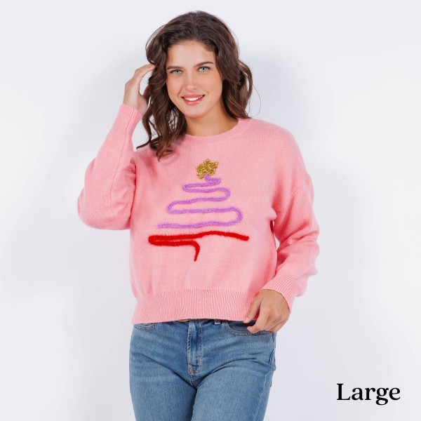 Wholesale soft Knit Tinsel Christmas Tree Sweater Long Sleeve Polyester Acrylic