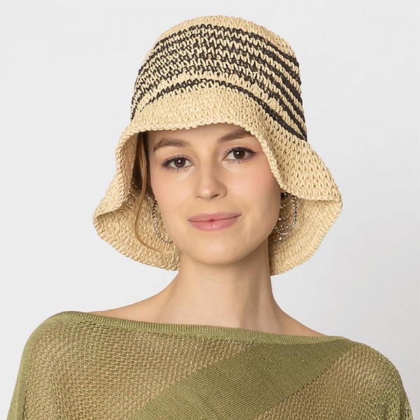 Wholesale do Everything Love Woven Straw Bucket Hat Thin Stripe Details One Fits