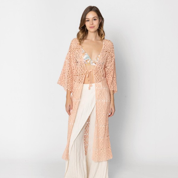 Do Everything In Love Long Open Knit Crochet Kimono With Front Tie 

- One Size Fits Most (0-14)
- 100% Cotton