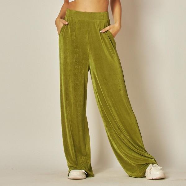 High-Waisted Slinky Wide Leg Pants (6-pack)

-  2" Waistline
- Two Side Pockets
- 92% Polyester / 8% Spandex