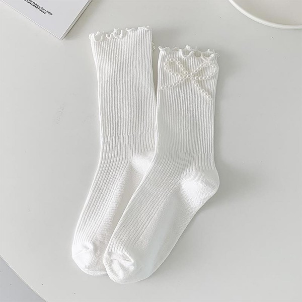 Wholesale ribbed Ruffled Tube Socks Pearl Bow Detail One Fits Most Adult