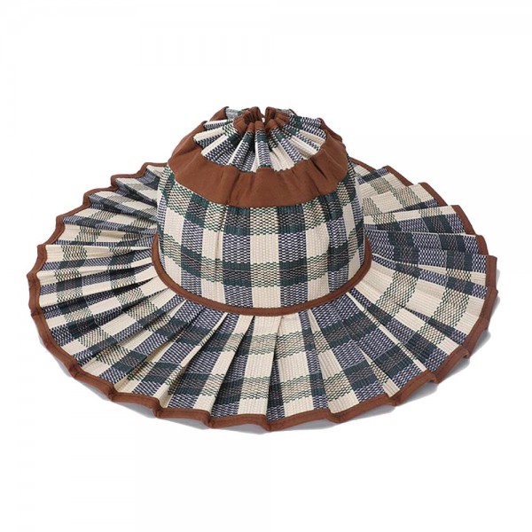 Wholesale foldable Pleated Straw Sun Hat Inner Drawstring Chin Fastener