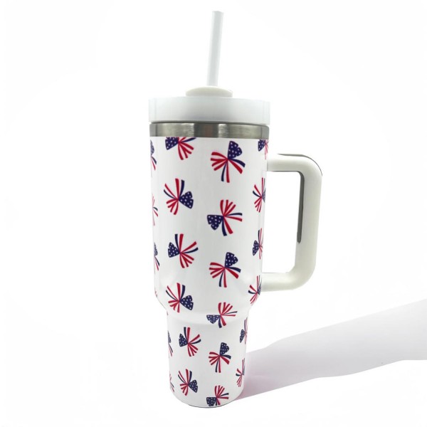 Americana Bow Printed 40oz Double Wall Stainless Steel Vacuum Tumbler With Handle

- Screw On Matching Lid With Contrast Grip Featuring 3 Positions (Straw, Wide Mouth & Full Cover)
- Sturdy Handle (3.5" W Handle Opening)
- Straw Included (12" L) *
- Approximately 9.5" L X 3.5" D
- Cup Holder Friendly Design