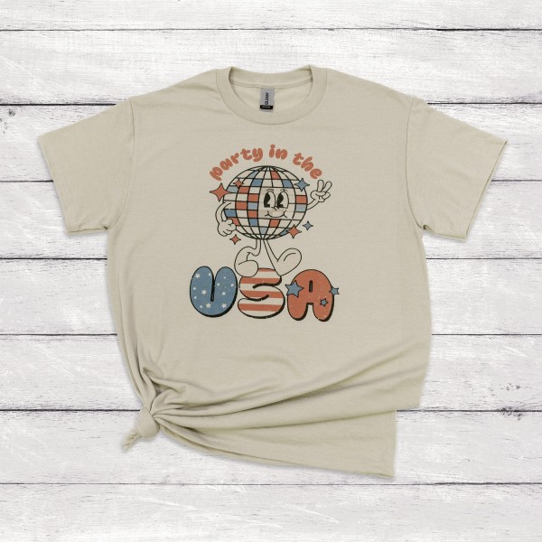 Wholesale party USA Disco Ball Character Printed Graphic Tee Gildan Dry Blend C