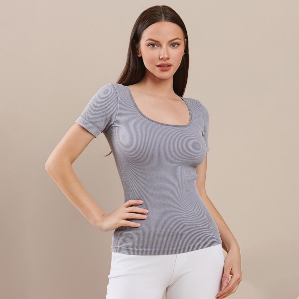 Wholesale short Sleeve Ribbed Seamless Tank Ribbed Seamless Fitted Silhouette Sm