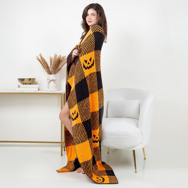 Super Soft Plaid Halloween Jack-o'-Lantern Print Brushed Poly Microfiber Throw Blanket 
- Extra Plush and Cozy 
- Approximately 50" W x 60" L
-100% Polyester