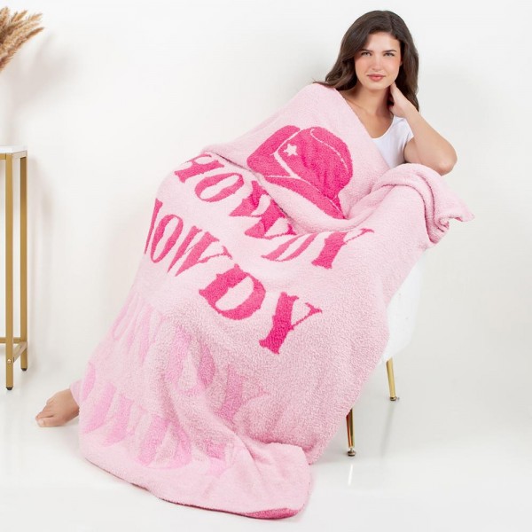 Super Soft "HOWDY" Cowboy Hat Print Brushed Poly Microfiber Throw Blanket 
- Extra Plush and Cozy 
- Approximately 50" W x 60" L
-100% Polyester