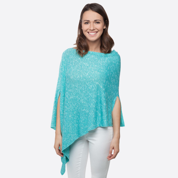 Wholesale turquoise lightweight sweater knit poncho asymmetrical hem Polyester R
