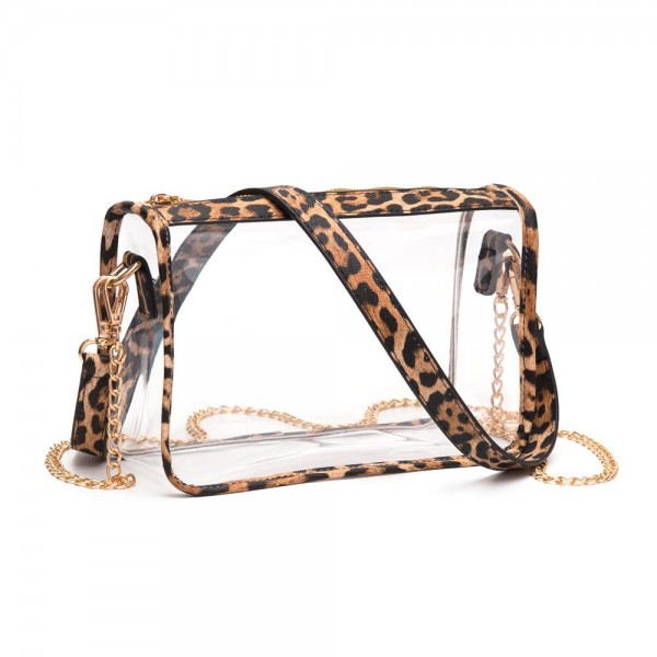 Clear Crossbody Bag With Vegan Leather Trim and Two Removable Straps

- Zip Closure
- Two Removable Straps: One Chain / One Vegan Leather
- Approximately 9" W x 6" T x 3" W
- Strap Drops: Vegan Leather 12" L / Chain Strap 21" L