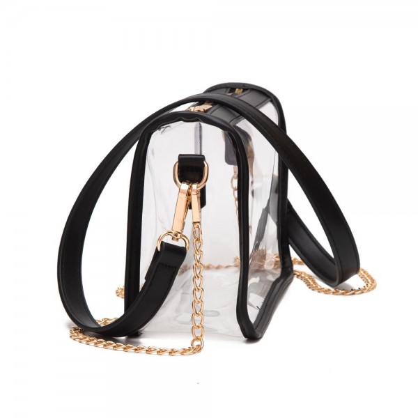 Clear Crossbody Bag With Vegan Leather Trim and Two Removable Straps
- Zip Closure
- Two Removable Straps: One Chain / One Vegan Leather
- Approximately 9" W x 6" T x 3" W
- Strap Drops: Vegan Leather 12" L / Chain Strap 21" L