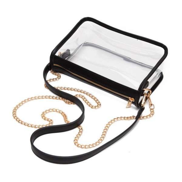 Clear Crossbody Bag With Vegan Leather Trim and Two Removable Straps - Zip Closure - Two Removable Straps: One Chain / One Vegan Leather - Approximately 9" W x 6" T x 3" W - Strap Drops: Vegan Leather 12" L / Chain Strap 21" L view 5