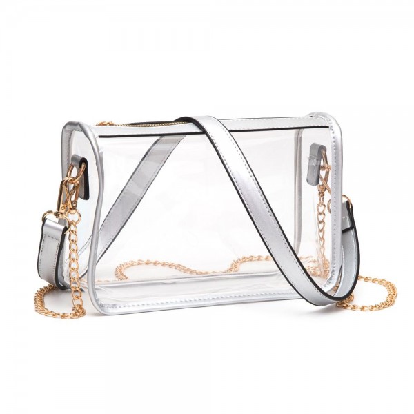 Clear Crossbody Bag With Vegan Leather Trim and Two Removable Straps

- Zip Closure
- Two Removable Straps: One Chain / One Vegan Leather
- Approximately 9" W x 6" T x 3" W
- Strap Drops: Vegan Leather 12" L / Chain Strap 21" L