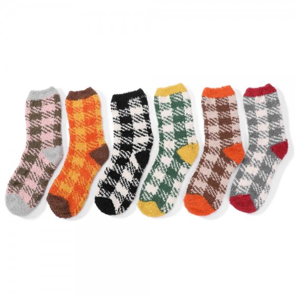 Wholesale soft Plush Knit Plaid Socks One Fits Most Adult Assorted Colors Poly M