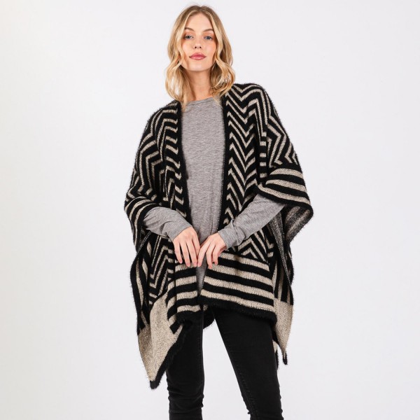 Wholesale fuzzy Chevron Stripes Ruana Wrap One Fits Most Polyester Acrylic