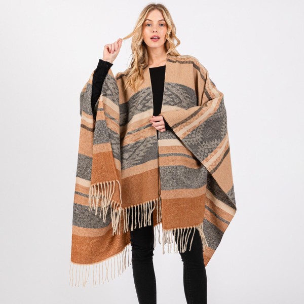 Wholesale aztec Pattern Ruana Wrap Tassels One Fits Most Polyester
