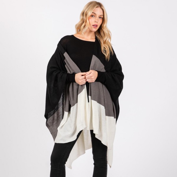 Wholesale soft Knit Color Block Ruana Wrap One Fits Most Polyester
