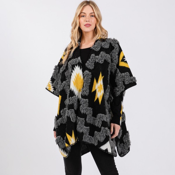 Wholesale fuzzy Aztec Ruana Wrap Stitched Edge Details One Fits Most Polyester
