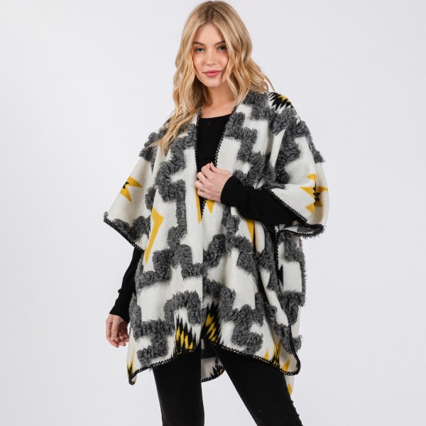 Wholesale fuzzy Aztec Ruana Wrap Stitched Edge Details One Fits Most Polyester