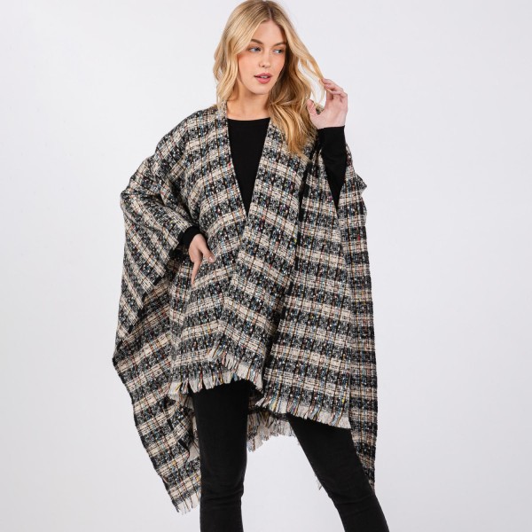 Wholesale plaid Ruana Wrap Fringe One Fits Most Polyester