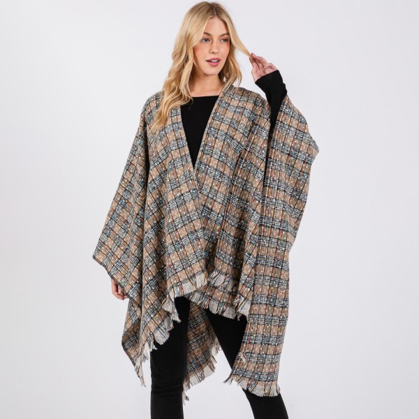 Wholesale plaid Ruana Wrap Fringe One Fits Most Polyester