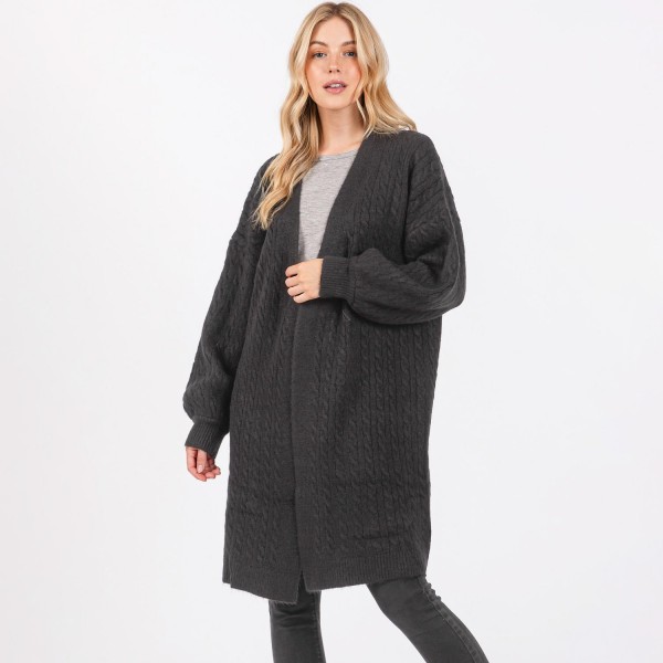 Long Cable Knit Cardigan 

- One Size Fits Most 0-14
- 57% Acrylic / 28% Polyester / 15% Nylon