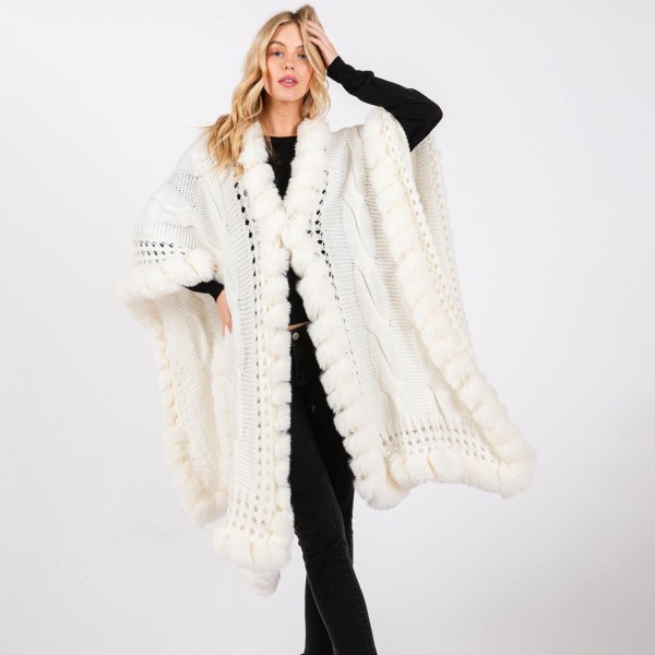 Cable Knit Ruana Wrap With Faux Fur Edges 

- One Size Fits Most 0-14
- 80% Acrylic / 20% Polyester