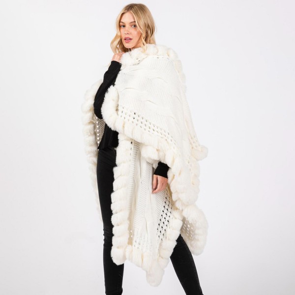 Cable Knit Ruana Wrap With Faux Fur Edges - One Size Fits Most 0-14 - 80% Acrylic / 20% Polyester view 5