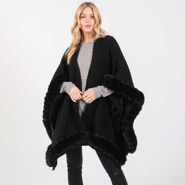 Wholesale soft Knit Ruana Wrap Faux Fur Edges One Fits Most Acrylic Polyester