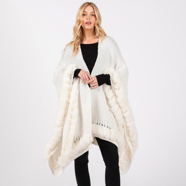 Wholesale soft Knit Ruana Wrap Faux Fur Edges One Fits Most Acrylic Polyester