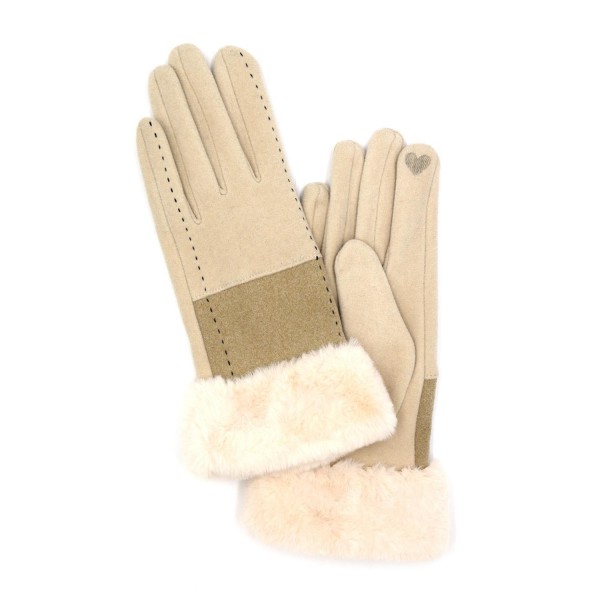 Wholesale faux Fur Cuffed Faux Suede Two Gloves Stich Detail Touch Screen Compat