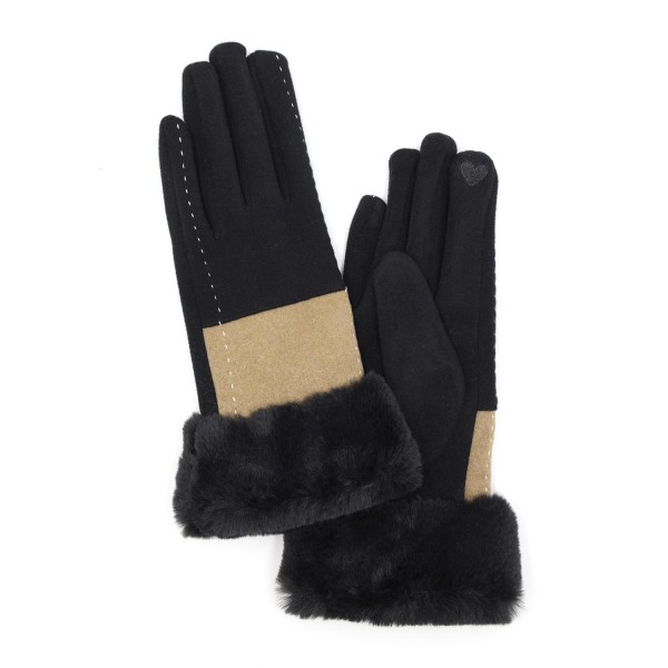 Wholesale faux Fur Cuffed Faux Suede Two Gloves Stich Detail Touch Screen Compat