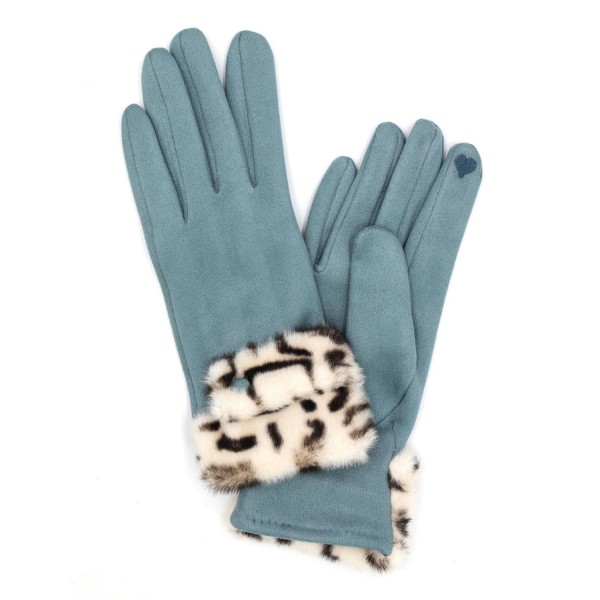 Wholesale faux Leopard Fur Cuffed Faux Suede Gloves Buckle Detail Touch Screen C
