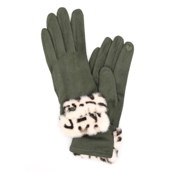 Wholesale faux Leopard Fur Cuffed Faux Suede Gloves Buckle Detail Touch Screen C