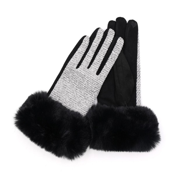 Wholesale faux Fur Cuffed Faux Suede Gloves Woven Tinsel Detail Touch Screen Com
