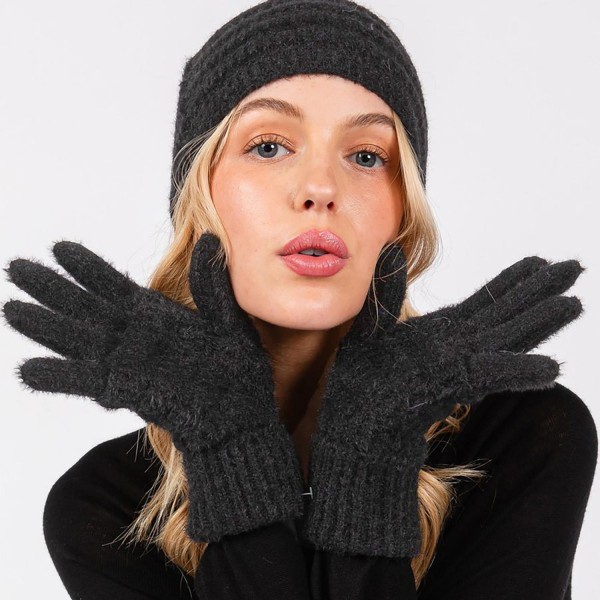 Fluffy Faux Fur Knit Gloves - Touch Screen Compatible - One Size Fits Most - 100% Polyester view 5