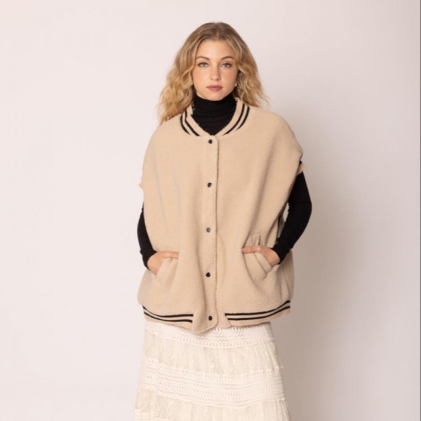 Wholesale do Everything Love Sherpa Varsity Vest Button Up Closure Pockets One F