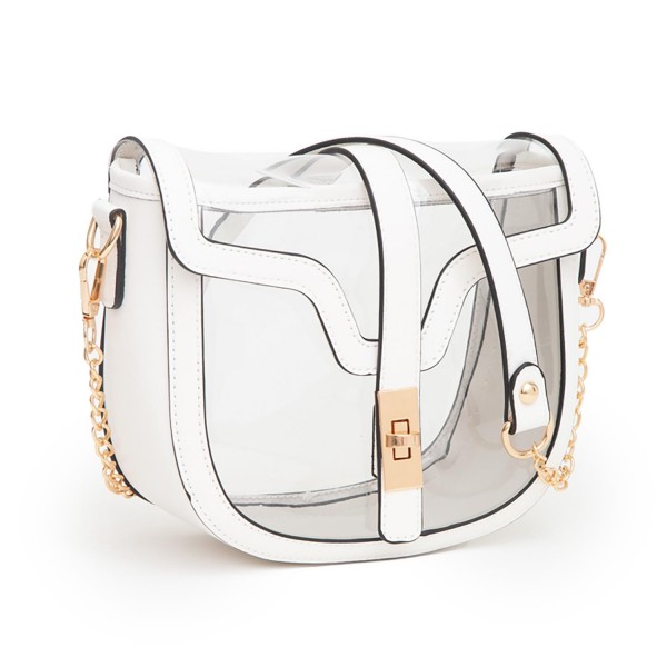 Clear Tote Bag With Vegan Leather Trim Featuring Twist Lock Buckle Closure
- Removable Chain & Leather Strap 
- Approximately 7" T x 8" L x 3" W
- Strap Drop 12" L