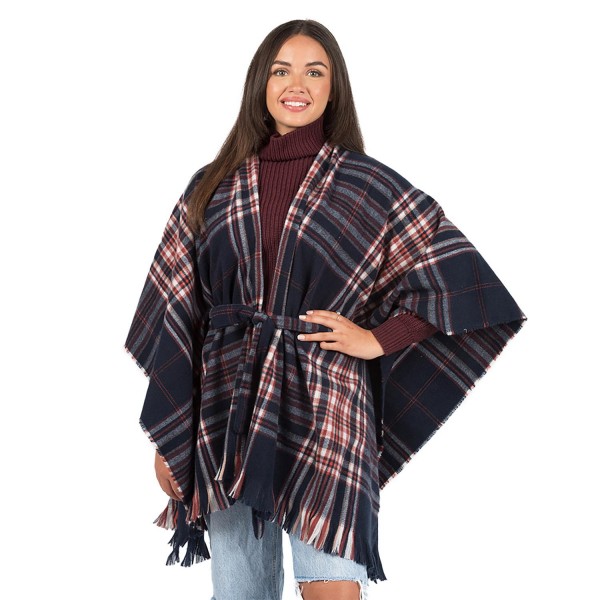 Soft Plaid Ruana Wrap With Tie & Fringe Detail

- One Size Fits Most (0-14)
- 100% Polyester

