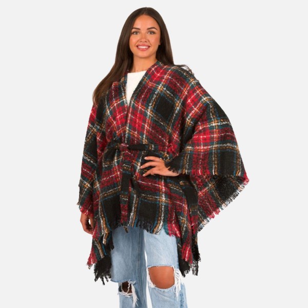 Wholesale soft Knit Plaid Ruana Wrap Tie Fringe Detail One Fits Most Polyester