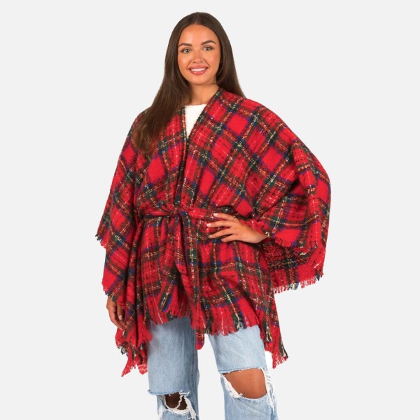 Wholesale soft Knit Plaid Ruana Wrap Tie Fringe Detail One Fits Most Polyester
