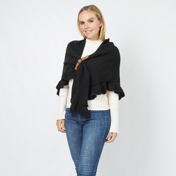 Wholesale checker Knit Scarf Wrap Ruffled Edges Vegan Leather Buckle Detail One