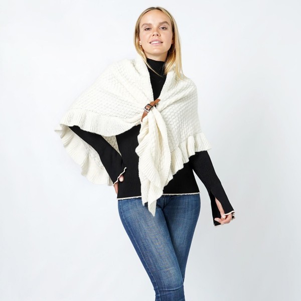 Wholesale checker Knit Scarf Wrap Ruffled Edges Vegan Leather Buckle Detail One
