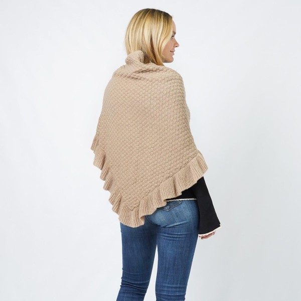 Checker Knit Scarf Wrap With Ruffled Edges & Vegan Leather Buckle Detail - One Size Fits Most (0-14) - 100% Polyester view 5