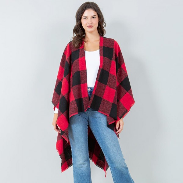 Wholesale soft Knit Plaid Ruana Frayed Edges One Fits Most Polyester