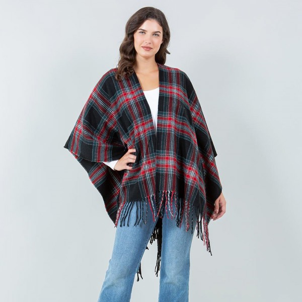 Wholesale soft Knit Plaid Ruana Fringe Details One Fits Most Polyester