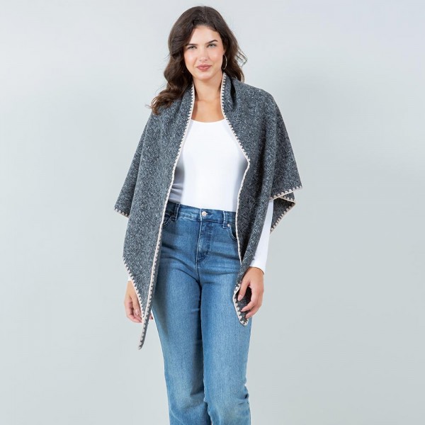 Wholesale bordered Ruana Wrap One Fits Most Polyester