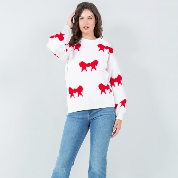 Wholesale soft Knit All Bow Sweater Pack Crew Neckline Cuffed Sleeve Long Sleeve