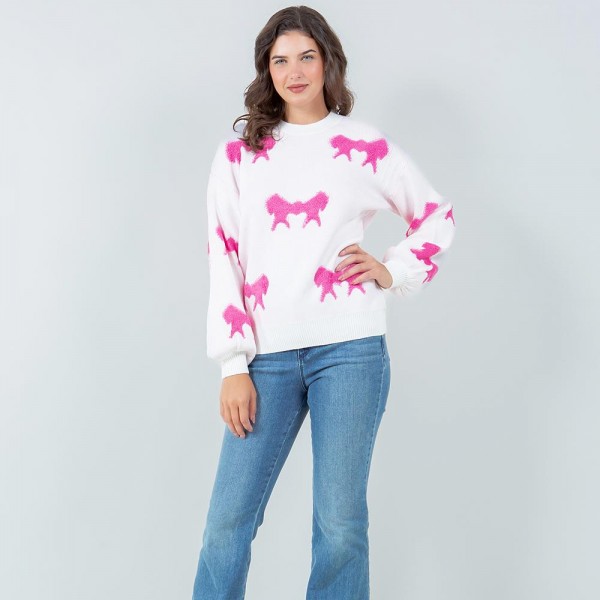 Soft Knit All Over Bow Sweater (6 Pack)

- Crew Neckline
- Cuffed Sleeve
- Long Sleeve
- 85% Acrylic
- 15% Polyester